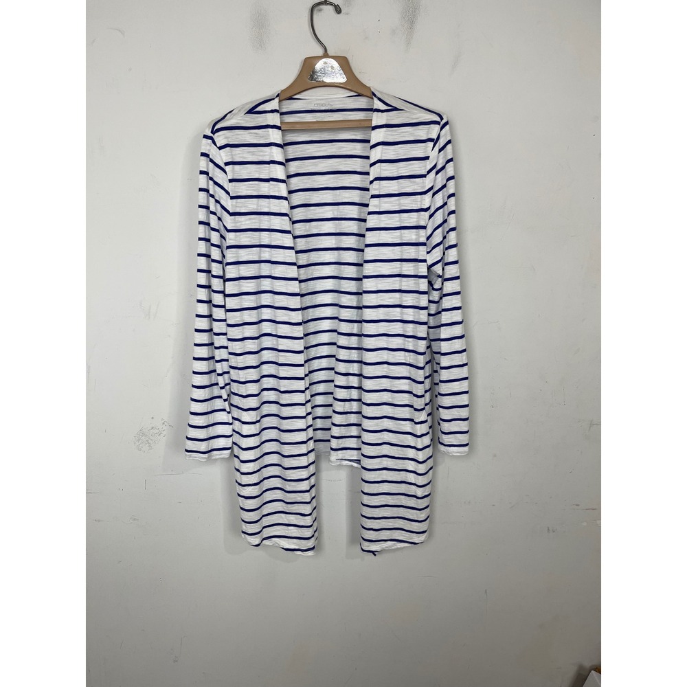 Chicos The Ultimate Tee Cardigan Womens 2 Blue White Striped Open Front Pockets